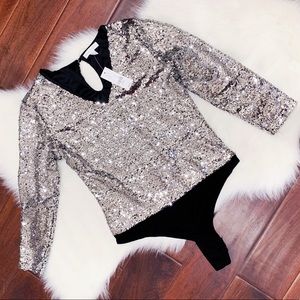 Silver Sequin V-Neck Bodysuit, XS